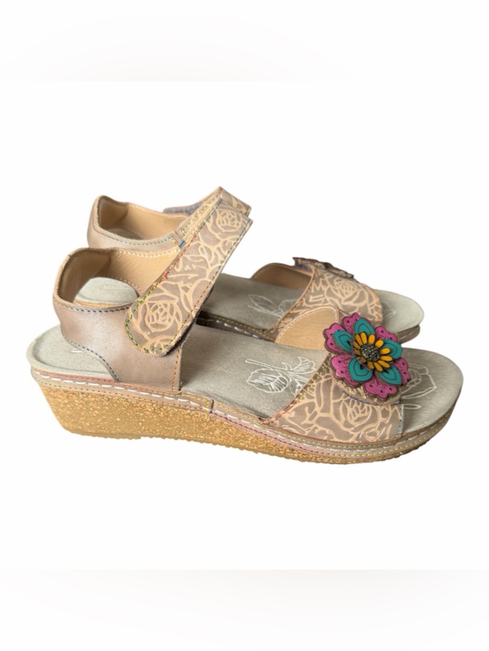 Women's Beige Wedge Sandals with Colorful Flower Accent - Picture 3 of 6